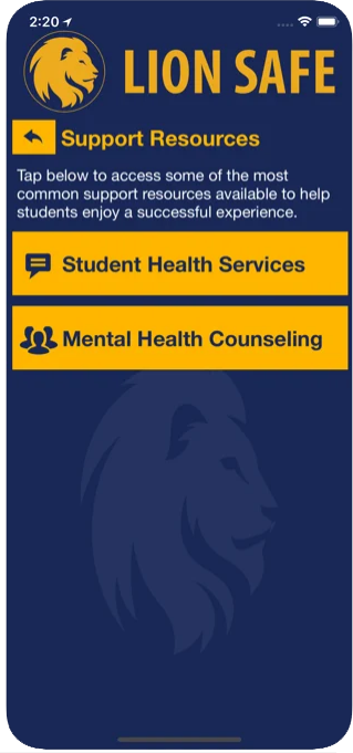 Screenshot of the support resources page in the Lion Safe app.  