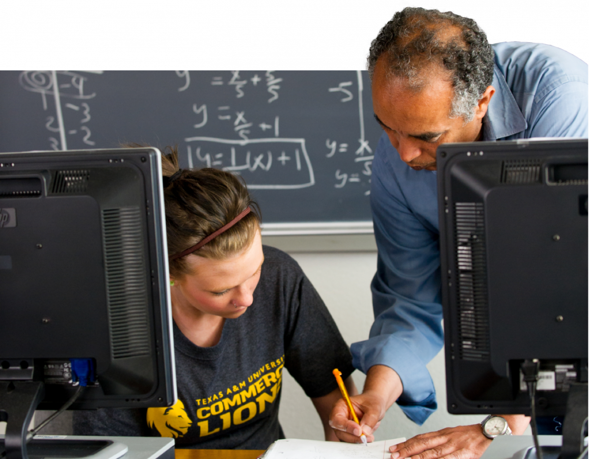 A math professor explaining to a student in the computer lab.