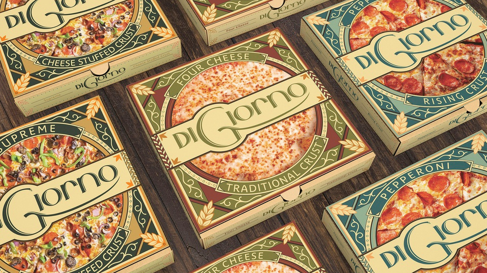Varous colors of pizzza boxes with a design reading DiGiorno in a grid
