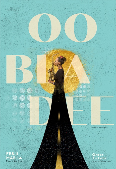 poster with large letters spelling "oo-bla-dee" and features a woman kissing a saxophone.