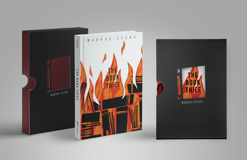 book design for "The book thief" with an illustration of books on fire on the cover. there is a sleeve that the book fits into with a window revealing the title of the book on the cover.