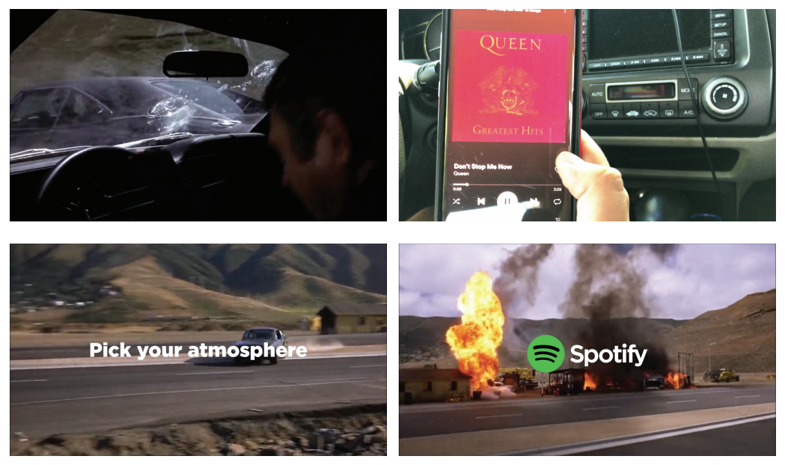 Screengrabs of a television commercial. 1 a car crash 2 a phone playing Queen "Don't' stop Me Now" 3. a car on the highway at an odd angle with the caption "Pick your atmosphere" 4. a fiery explosion with the Spotify logo in the center of the screen.