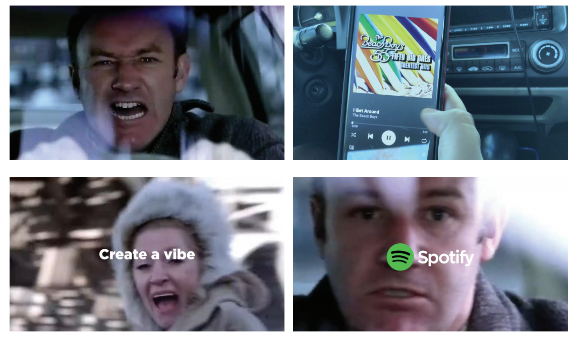 screengrabs from a television commercial: 1 a man in a car is distressed, 2. a hand is holding a phone playing the beach boys on spotify, 3 a woman is screeming with the caption "Create a vibe" 4 the man looks less distressed and the Spotify logo is shown over his face.