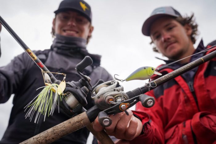 Dawson Cassidy and Gus McLarry pose with their fishing equipment