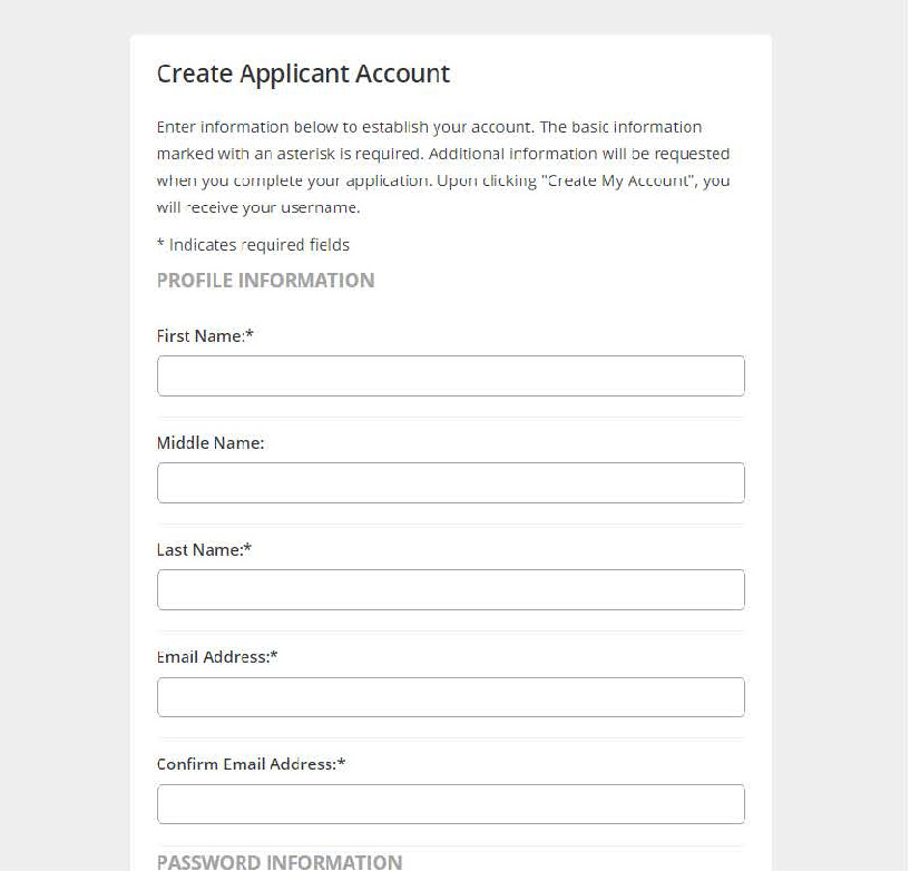 The page about Create Applicant Account