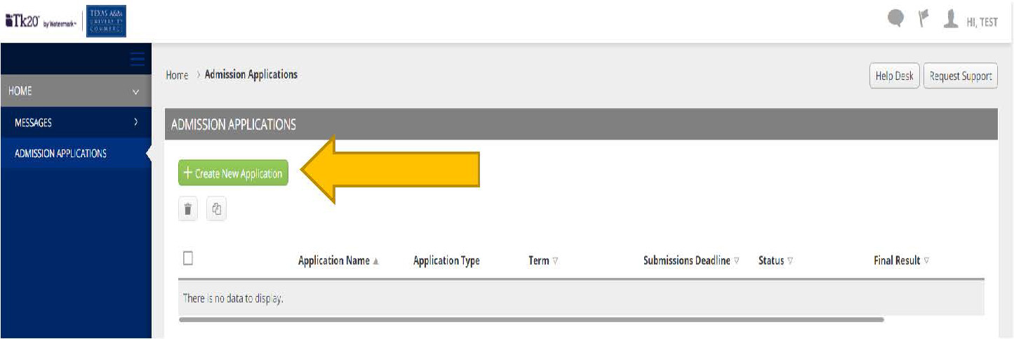 Arrow pointing to Create New application