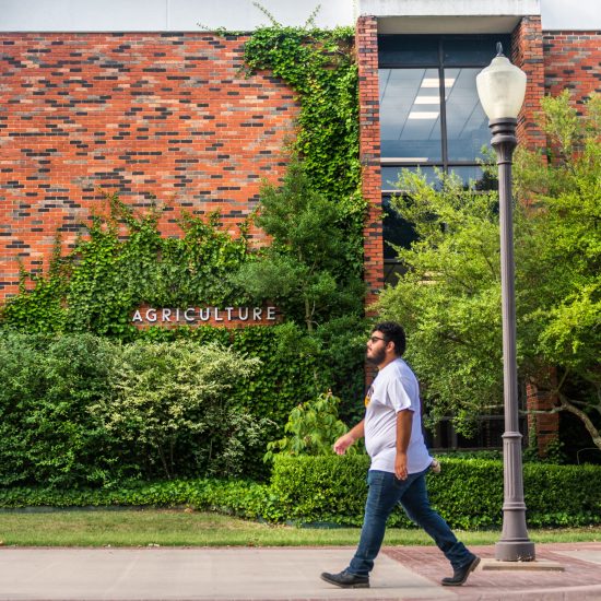 A person walking in front of a brick building with vines growing on the walls. The word "Agriculture" is spelled out in raised letters on the wall.