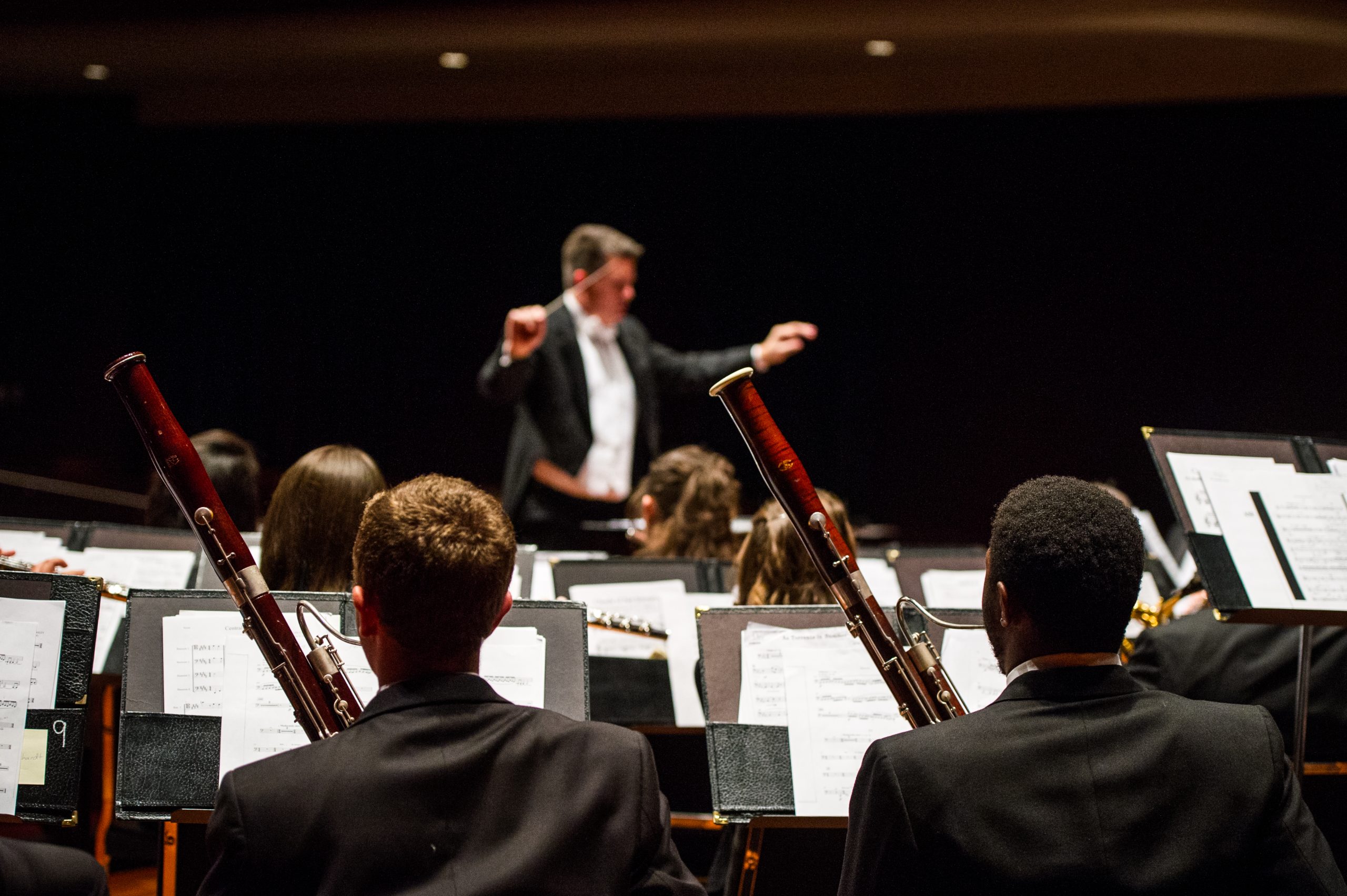 A male maestros conducting an orchestra.