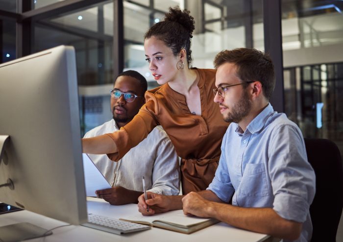 Three individual in front of a computer. One of them is pointing to the screen while the other two appear to be listening.