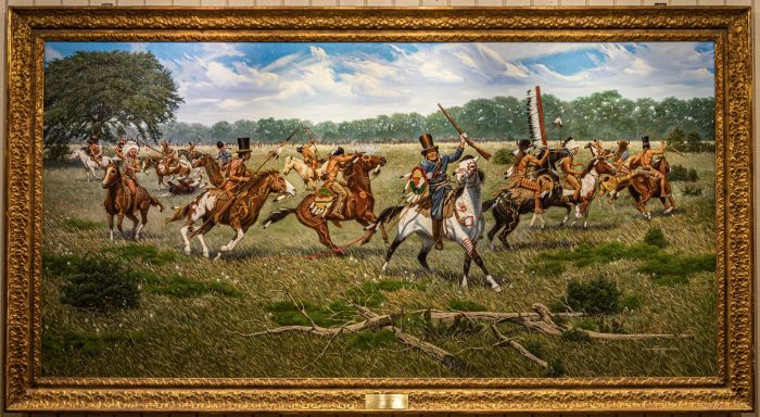 An oil painting depicting a battle on the American frontier