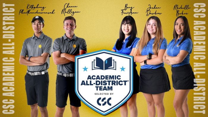 Five students stand facing camera with arms crossed