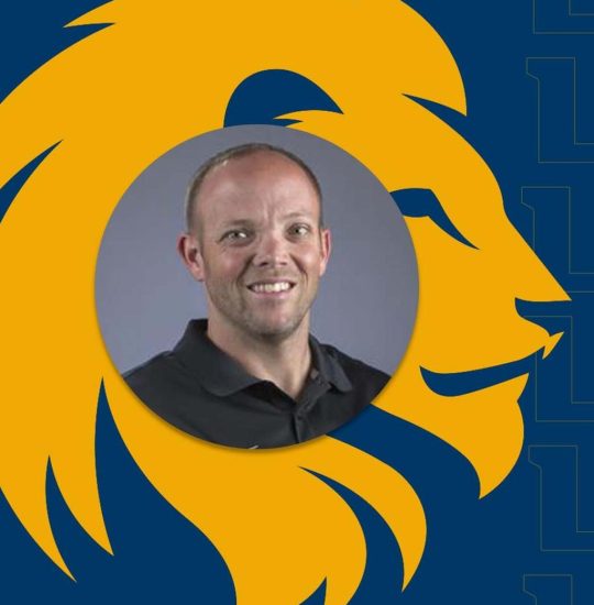 Lion mascot logo on background with individual's headshot in the foreground.