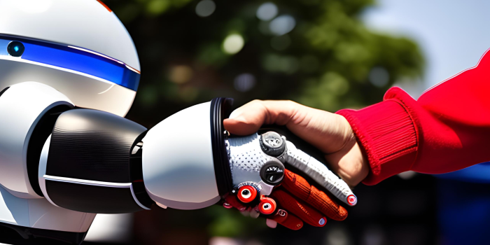 A robot shaking the hands of a human.