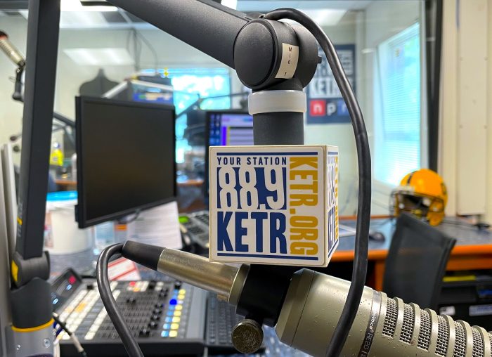 A microphone inside of a radio studio