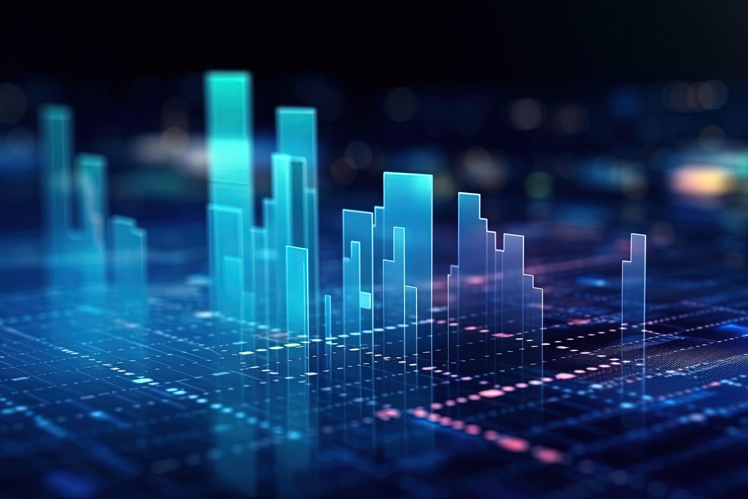 Perspective view of stock market growth, business investing and data concept with digital financial chart graphs, diagrams and indicators on dark blue blurry background