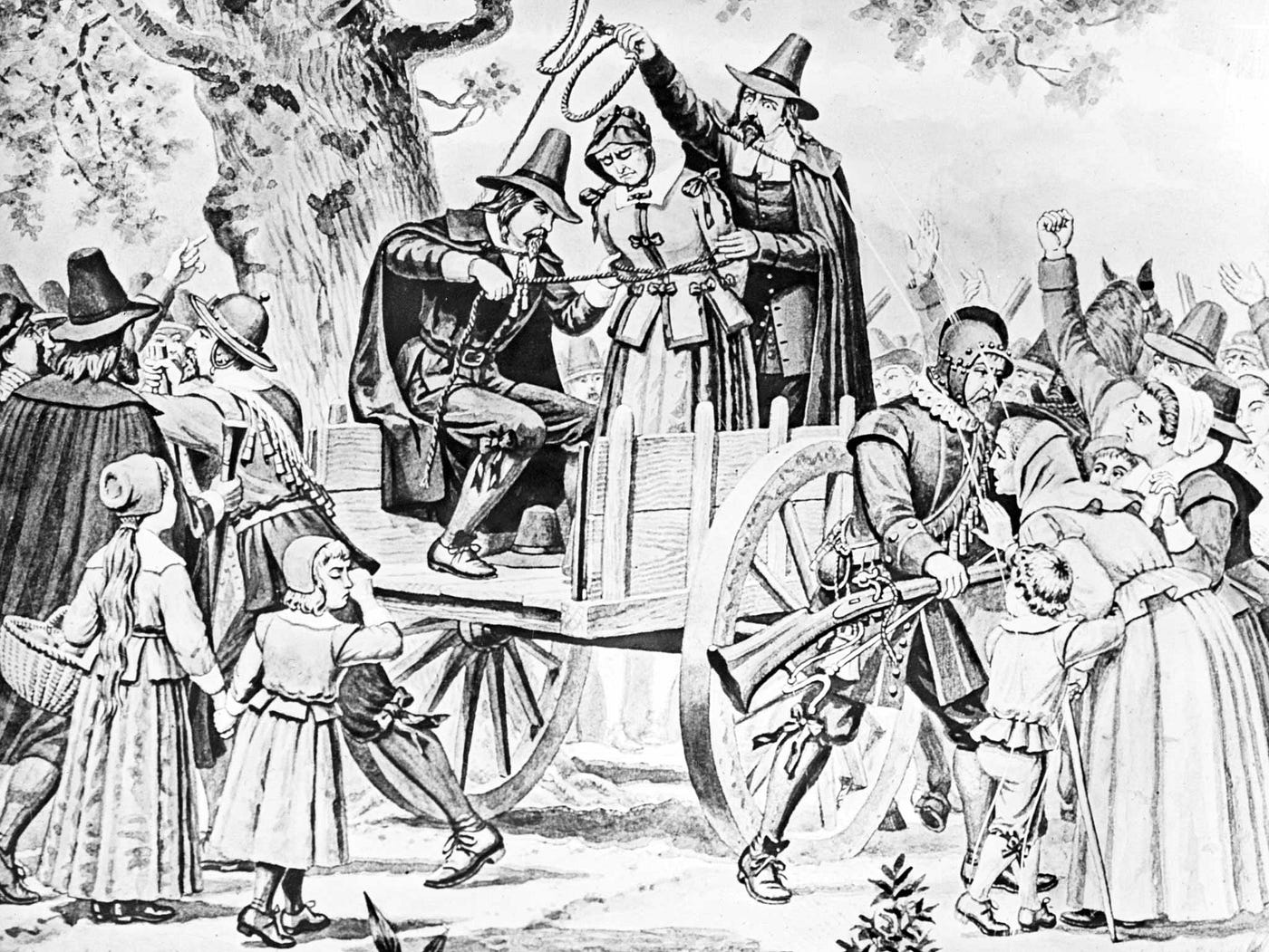 A black and white drawing of a crowd surrounding a woman being hung for witchcraft