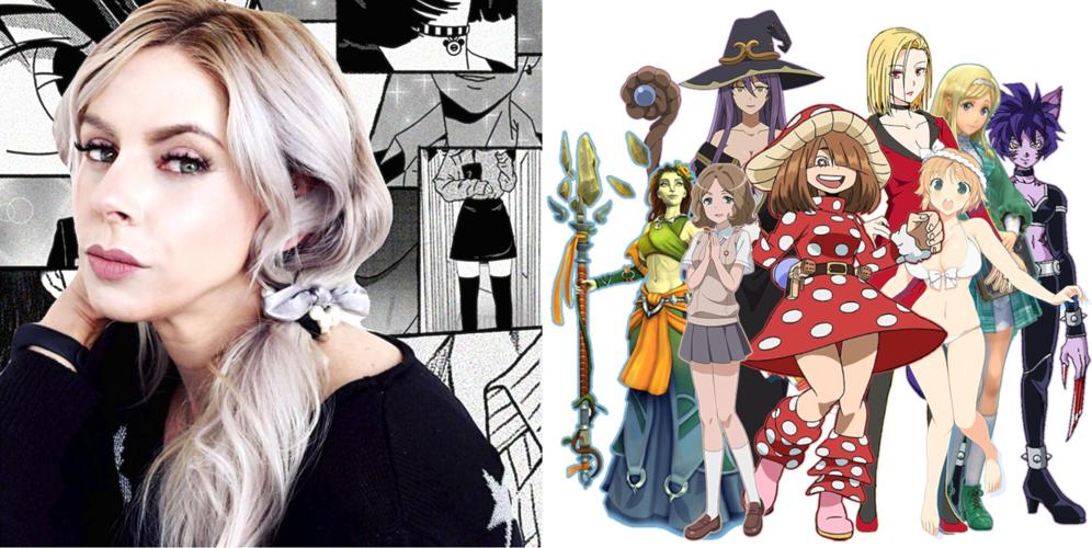 On the left, a photograph of Amanda Gish, and on the right, colorful drawings of the various anime characters she has given voice to