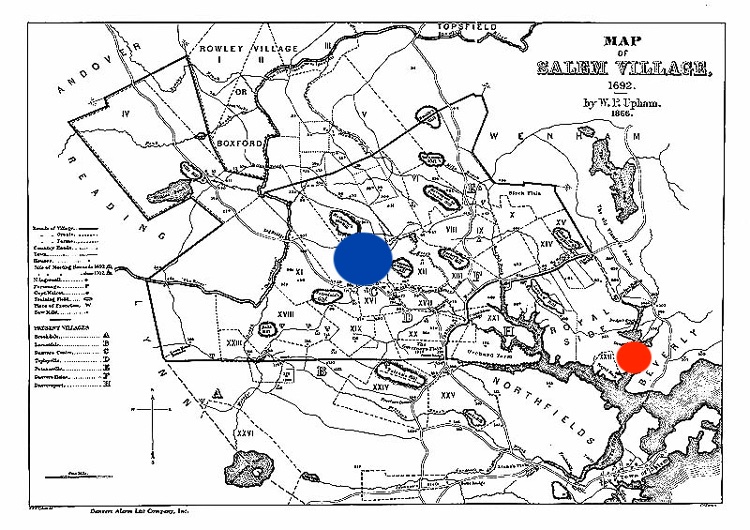 An old black and white map of Salem, with a blue dot near the center indicating Salem village and a red dot near the right corner indicating Salem town