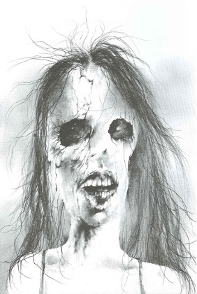 Illustration of a person whose skin appears to be melting from face, leaving skeleton-looking eye sockets and misshapen nose.