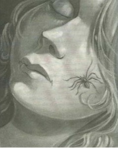 Illustration of a girl sleeping with spider crawling on her face.