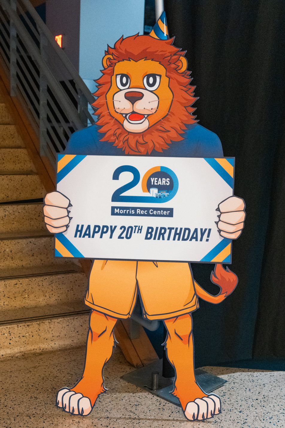 A cardboard cutout of the A&M-Commerce lion mascot, Lucky.
