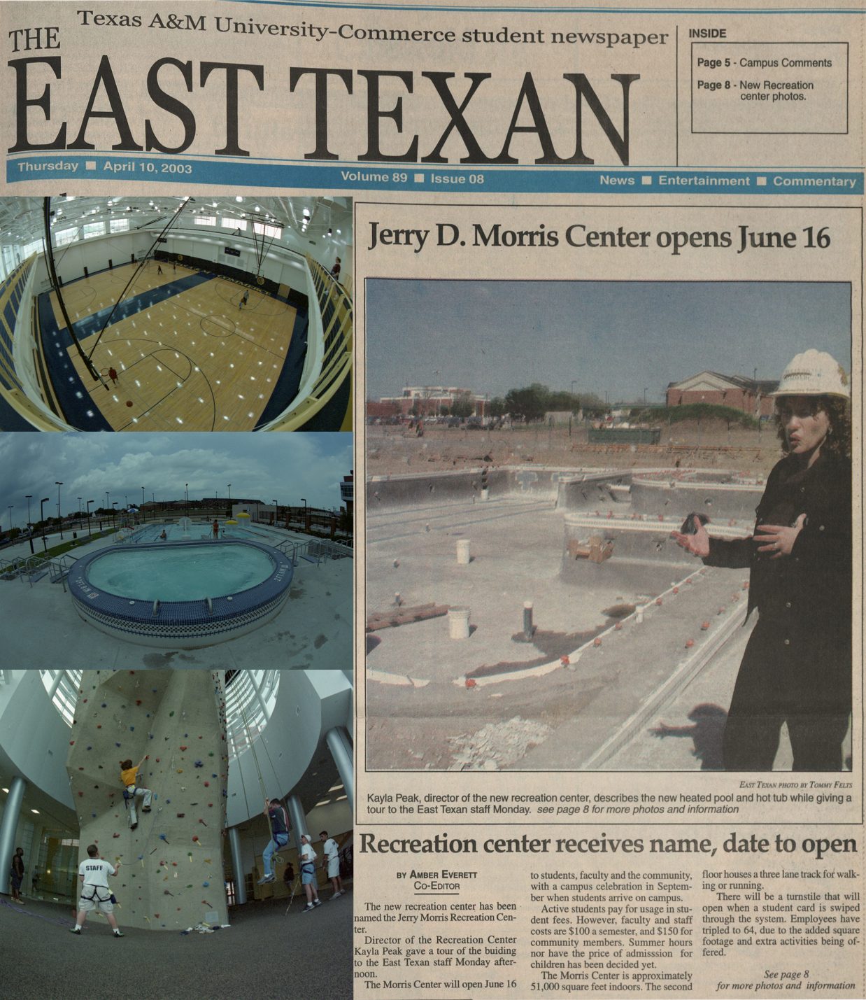 Three vertically stacked images at left show the gym, swimming pool and climbing wall in 2003. A newspaper clipping at right announces the center's opening date and features a photo of a woman describing the new heated pool and hot tub.