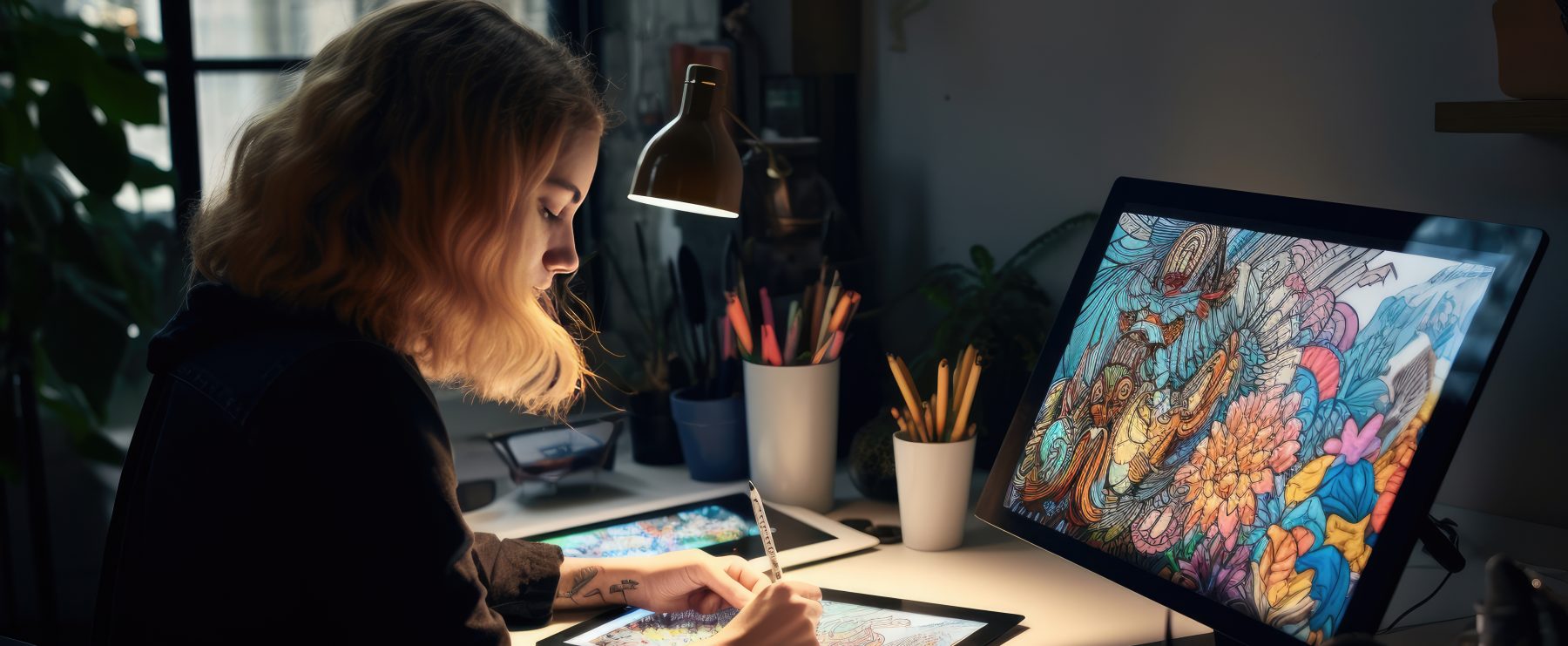 A digital artist creates a design on the computer.