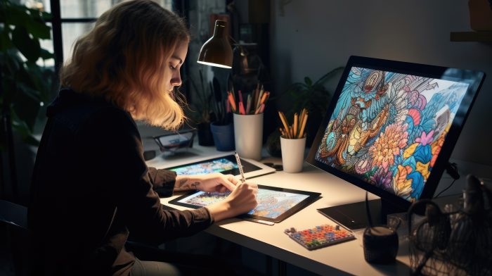 A digital artist creates a design on the computer.