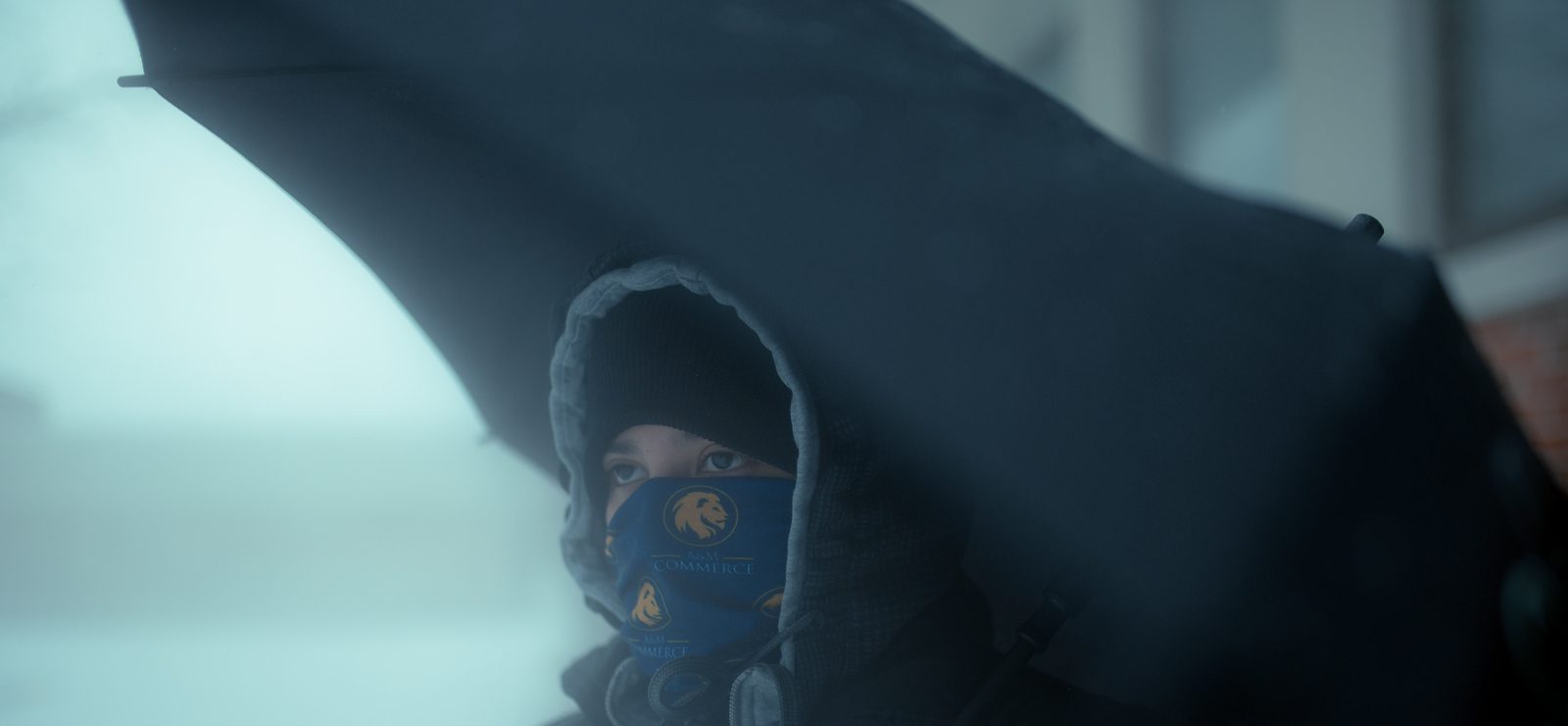 A TAMUC student under an umbrella, bundled up and looking out at the snow