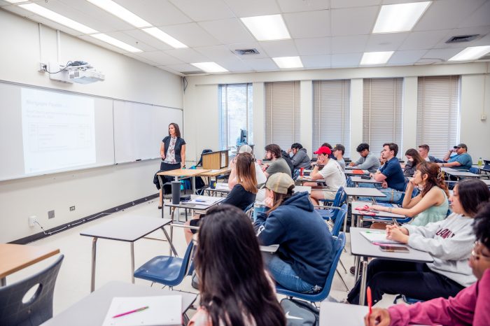 A classroom of college student watching the professor.