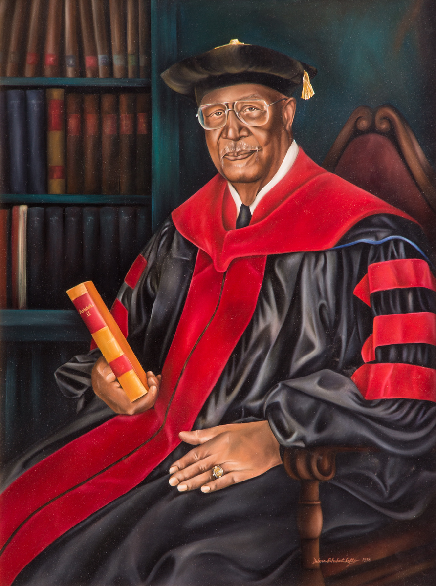 A painting of Dr. David Talbot in doctoral regalia holding a book