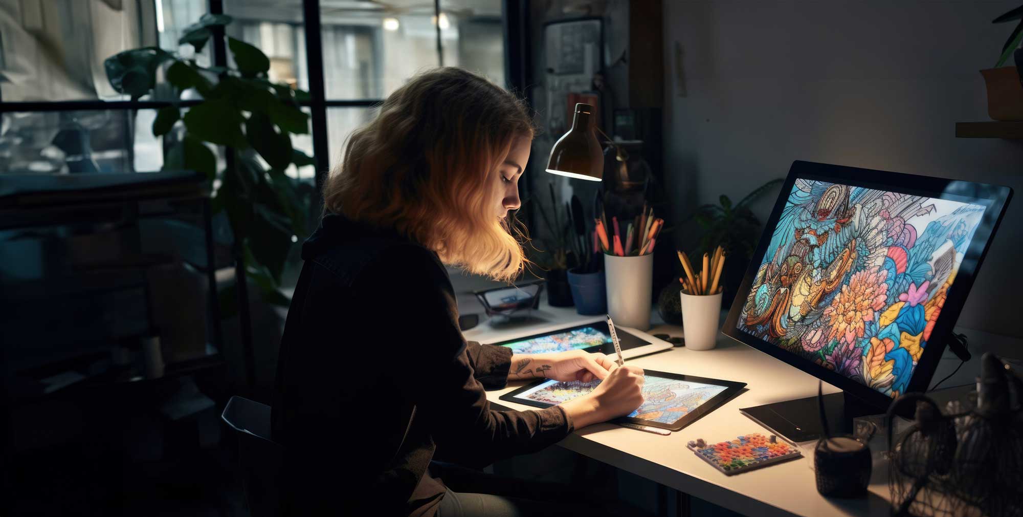 A female artist by a desk creating a digital design.