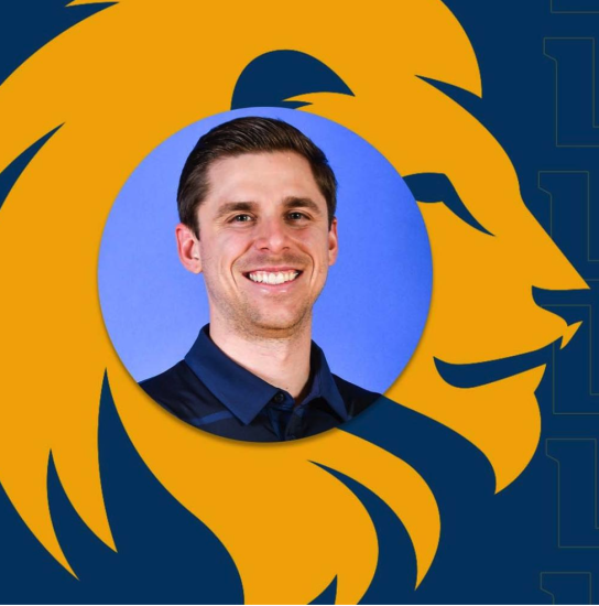Lion head logo in background and headshot of Jon-Paolo D'este in foreground