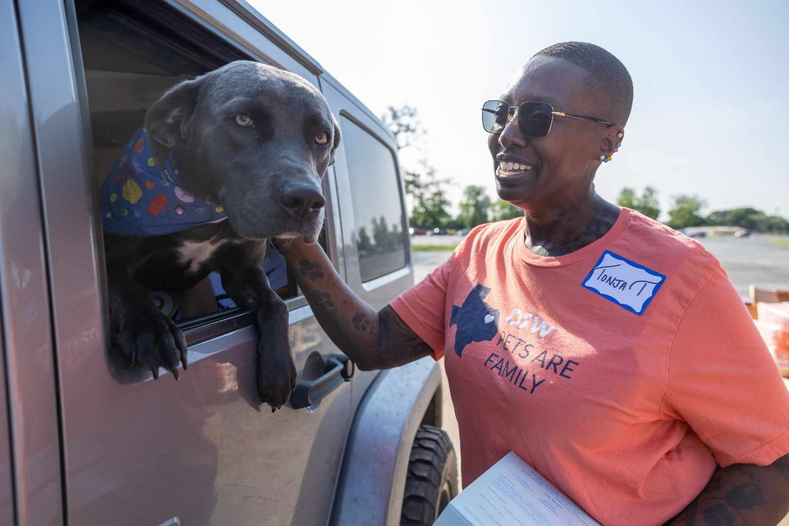 A woman smiles while petting a large dog through the window of a vehicle.