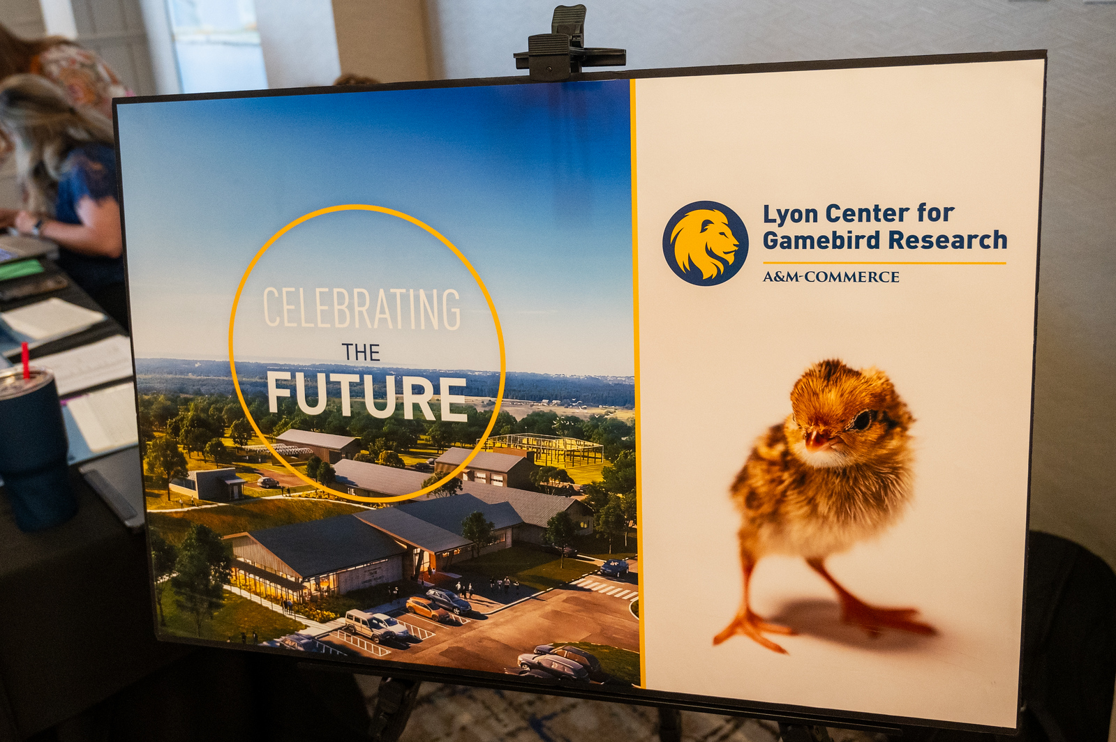This is a photo of a poster that advertises the new Lyon Center. The left side of the poster shows a computer generated image of the center. The right side of the poster shows a quail chick.