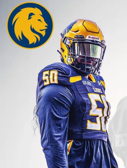 A&M-Commerce lion head logo in the top left. Football player Levi Drake Rodriguez in full uniform on the right.