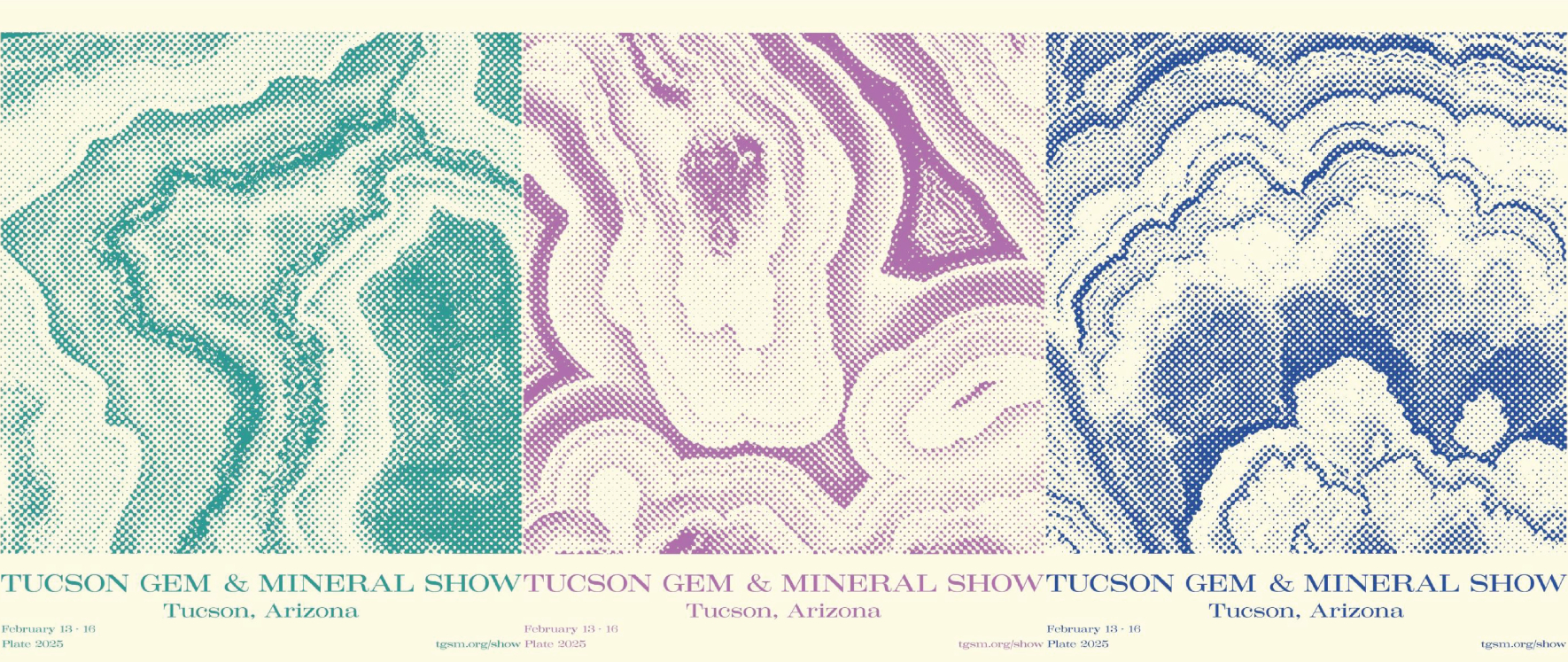 A group of three posters for the Tuscon Mineral Show in 2025.